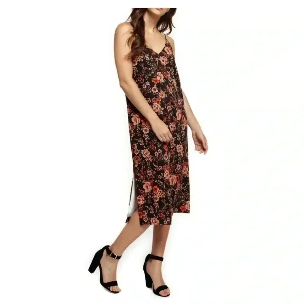 🆕Dex Black & Orange Floral Split-Hem Mid Dress S🆕
